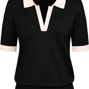 Women Short Sleeve Polo Sweater V Neck Knitted Tops Casual Ribbed Shirt Loose Pu